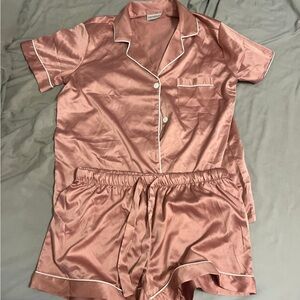 Delicacy Rose Pink Satin Short Pajama Set with White Piping